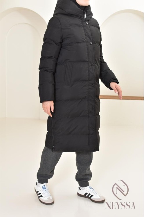 Doudoune longue noir matelassée  pour femme hijabi, ultra chaude hiver
