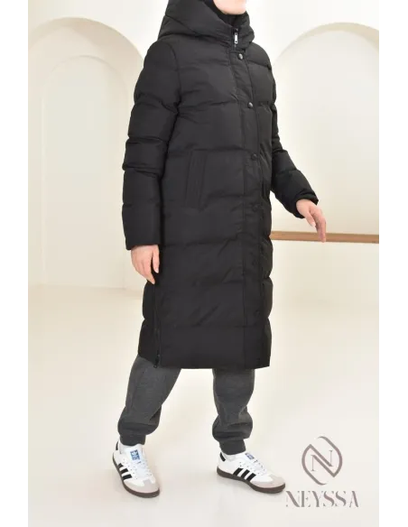 Doudoune longue noir matelassée  pour femme hijabi, ultra chaude hiver