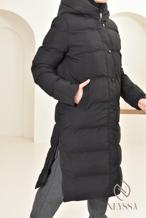 Doudoune longue noir matelassée  pour femme hijabi, ultra chaude hiver