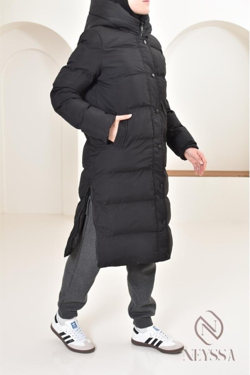 Doudoune longue noir matelassée  pour femme hijabi, ultra chaude hiver