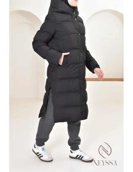 Doudoune longue noir matelassée  pour femme hijabi, ultra chaude hiver