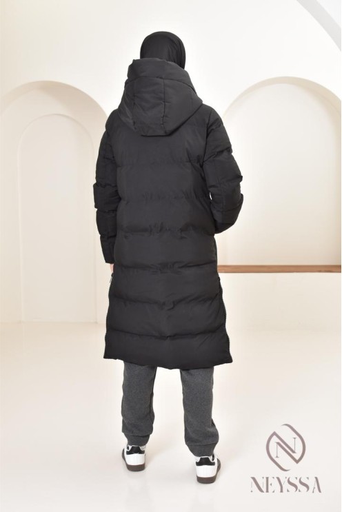 Doudoune longue noir matelassée  pour femme hijabi, ultra chaude hiver