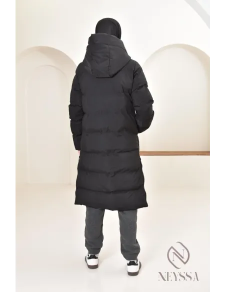 Doudoune longue noir matelassée  pour femme hijabi, ultra chaude hiver
