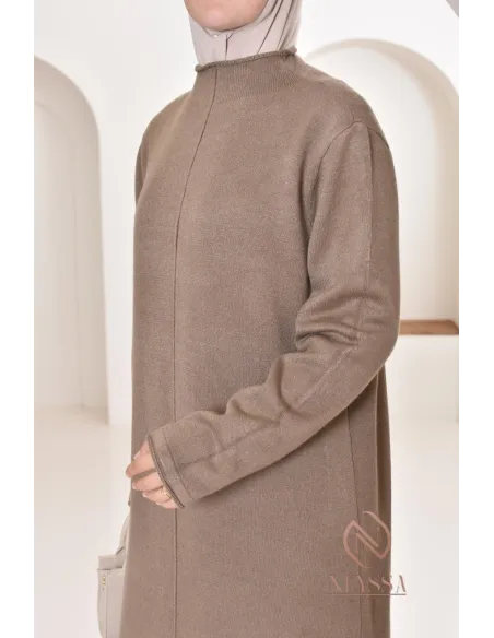 Robe longue femme en maille, col montant bien chaude pour l'hiver 