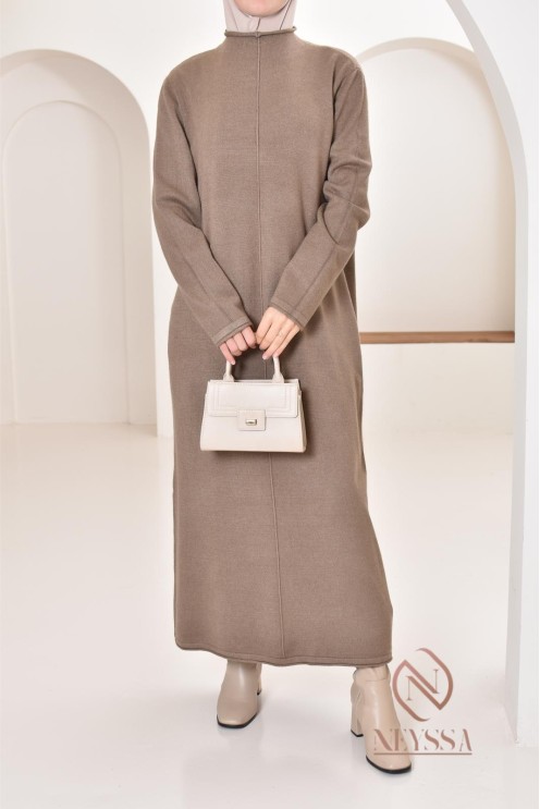 Robe longue femme en maille, col montant bien chaude pour l'hiver 