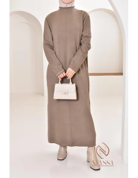 Robe longue femme en maille, col montant bien chaude pour l'hiver 