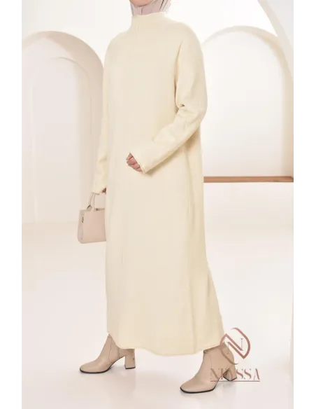 Robe longue femme en maille, col montant bien chaude pour l'hiver 