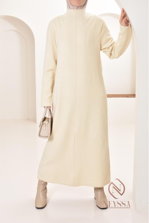 Robe longue femme en maille, col montant bien chaude pour l'hiver 