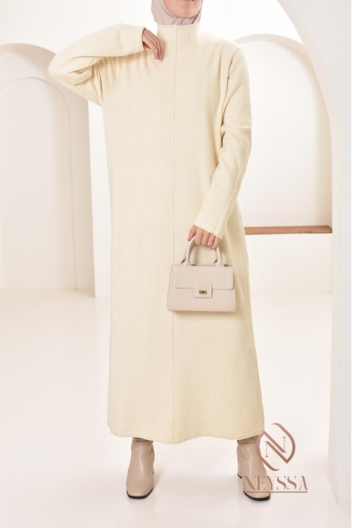 Robe longue femme en maille, col montant bien chaude pour l'hiver 