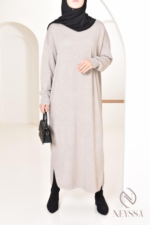 Robe longue femme pour l'hiver en maille douce,col montant pour hijabi