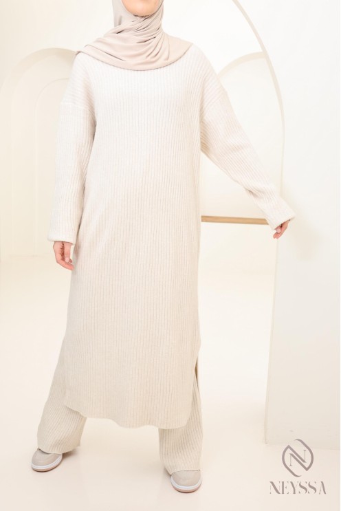 Ensemble 2 pièces pull long et pantalon en maille femme voilée hiver