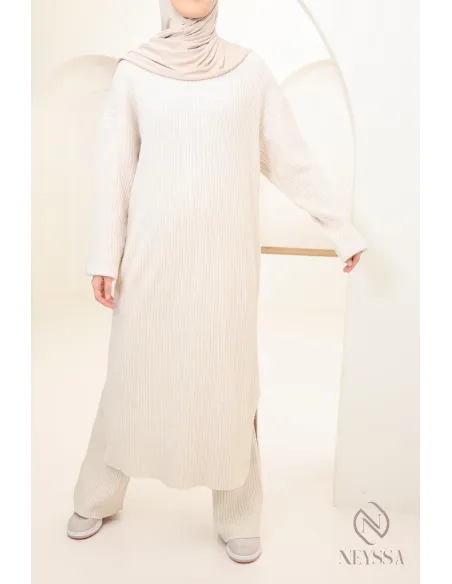 Ensemble 2 pièces pull long et pantalon en maille femme voilée hiver