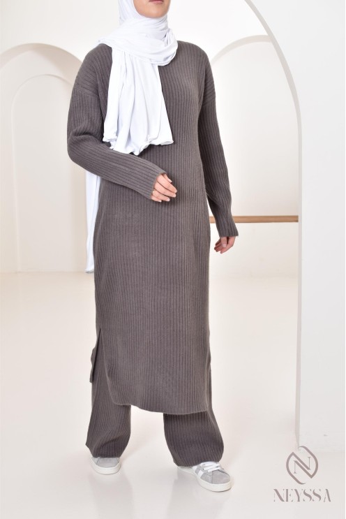 Ensemble 2 pièces pull long et pantalon en maille femme voilée hiver