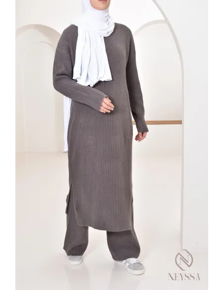 Ensemble 2 pièces pull long et pantalon en maille femme voilée hiver