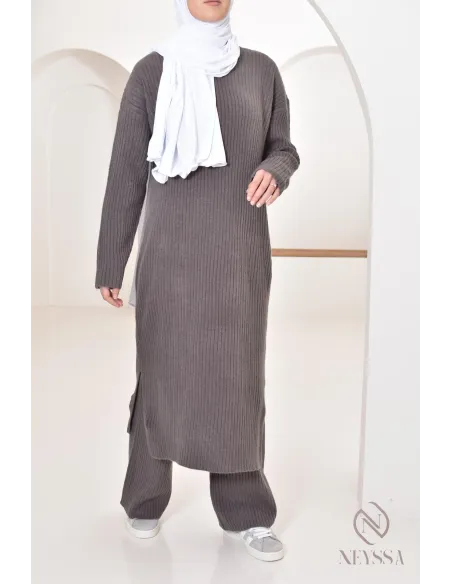 Ensemble 2 pièces pull long et pantalon en maille femme voilée hiver