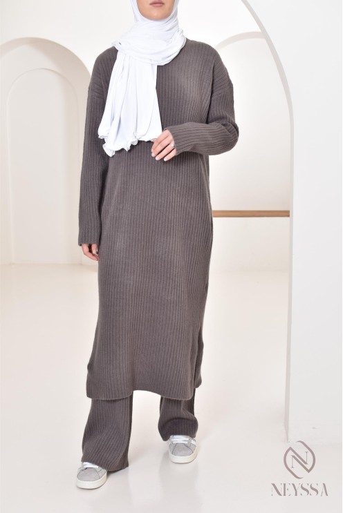 Ensemble 2 pièces pull long et pantalon en maille femme voilée hiver