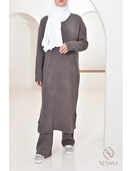 Ensemble 2 pièces pull long et pantalon en maille femme voilée hiver