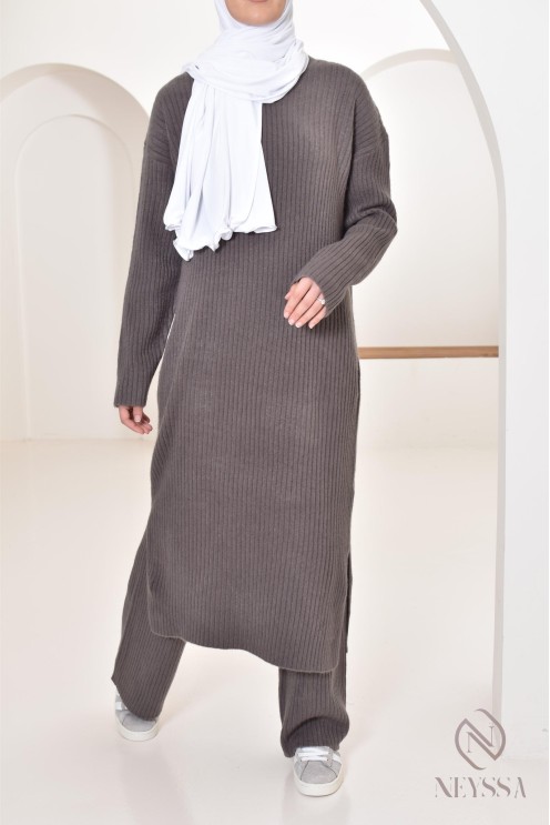 Ensemble 2 pièces pull long et pantalon en maille femme voilée hiver