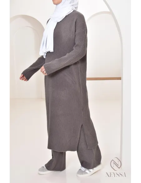 Ensemble 2 pièces pull long et pantalon en maille femme voilée hiver