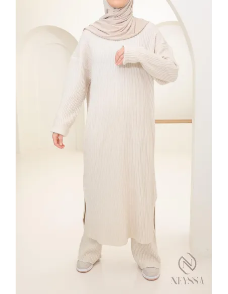 Ensemble 2 pièces pull long et pantalon en maille femme voilée hiver
