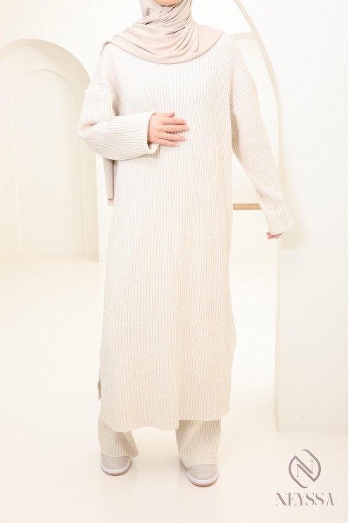 Ensemble 2 pièces pull long et pantalon en maille femme voilée hiver