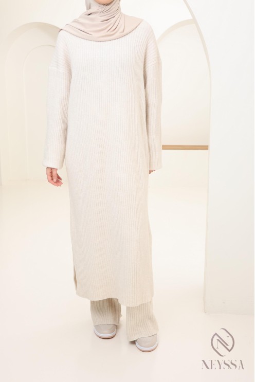 Ensemble 2 pièces pull long et pantalon en maille femme voilée hiver