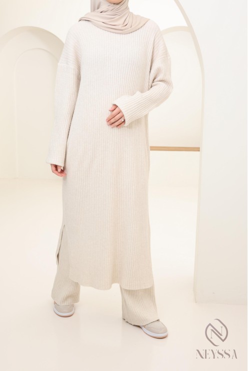 Ensemble 2 pièces pull long et pantalon en maille femme voilée hiver