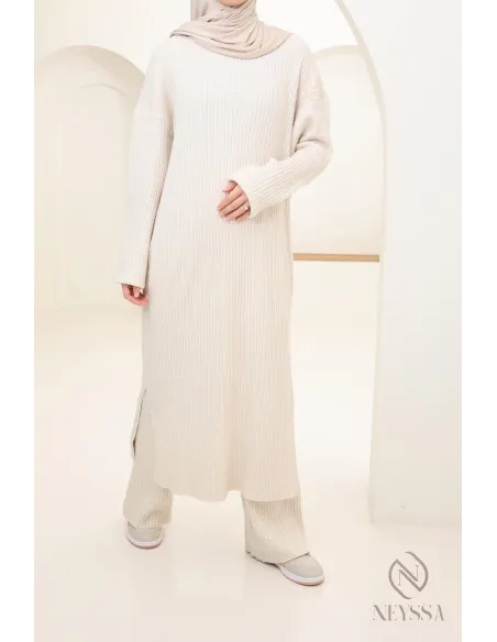 Ensemble 2 pièces pull long et pantalon en maille femme voilée hiver