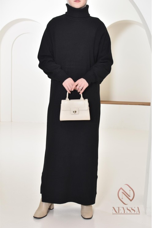 Langes Kleid für bescheidene Frauen, gerollter Stehkragen