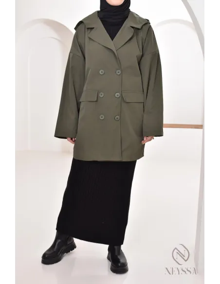 Parka femme à capuche intégrée couleur kaki, coupe style blazer