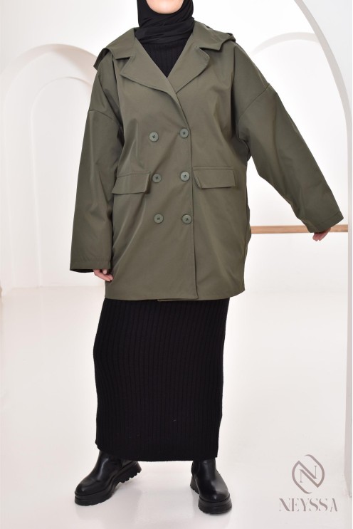 Women's parka with integrated hood, khaki color, blazer-style cut