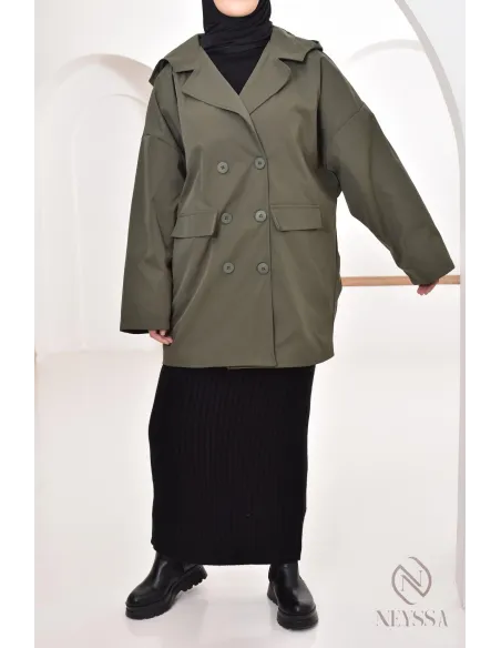 Women's parka with integrated hood, khaki color, blazer-style cut