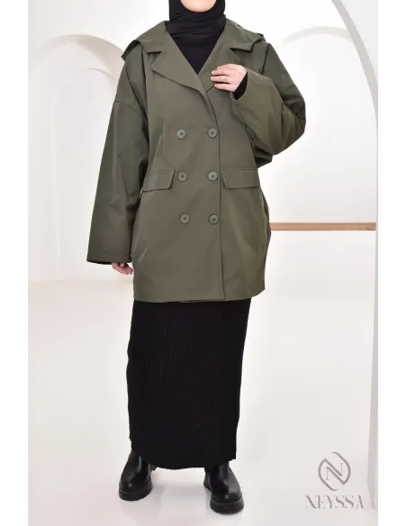 Women's parka with integrated hood, khaki color, blazer-style cut
