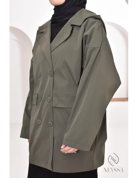 Women's parka with integrated hood, khaki color, blazer-style cut