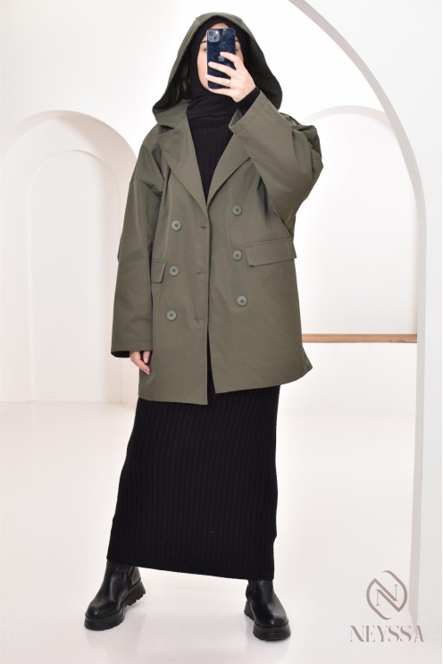 Women's parka with integrated hood, khaki color, blazer-style cut