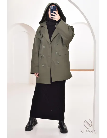 Women's parka with integrated hood, khaki color, blazer-style cut