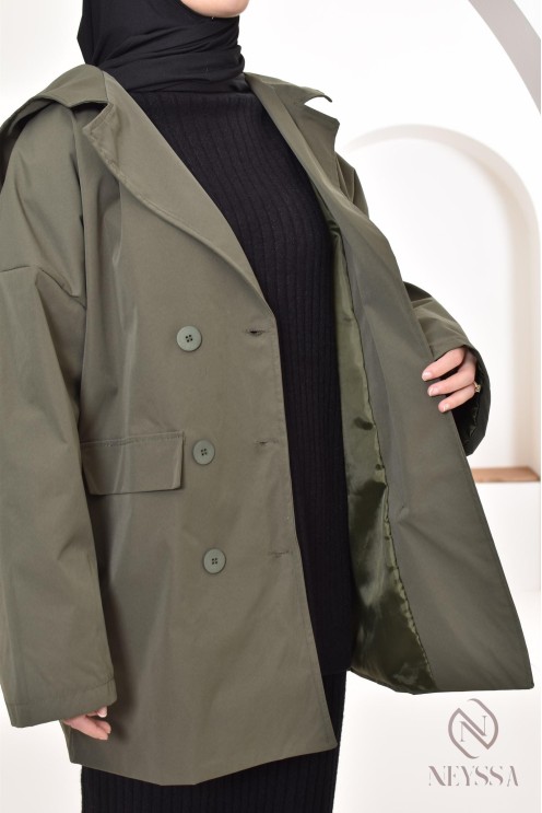 Women's parka with integrated hood, khaki color, blazer-style cut