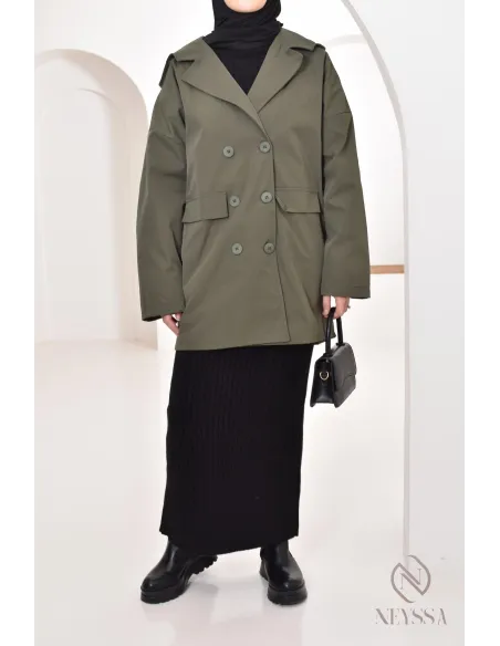 Parka femme à capuche intégrée couleur kaki, coupe style blazer