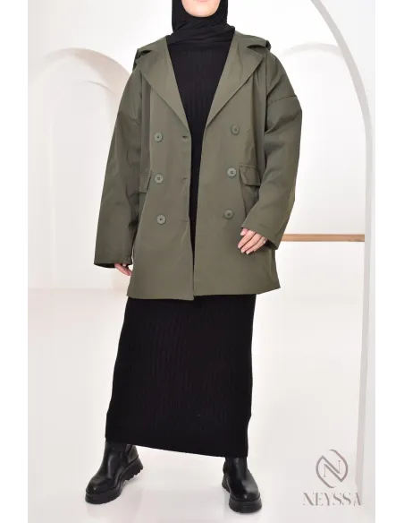 Women's parka with integrated hood, khaki color, blazer-style cut