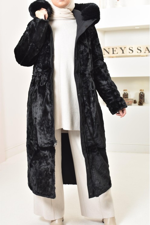 Long reversible parka with fur, 2-in-1 winter coat