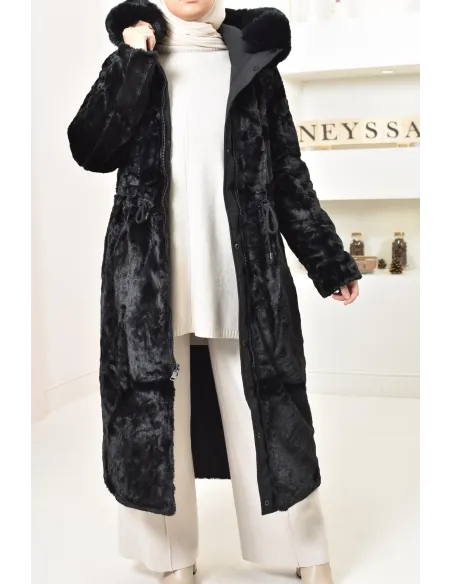 Longue parka réversible avec fourrure, manteau 2 en 1 pour l'hiver