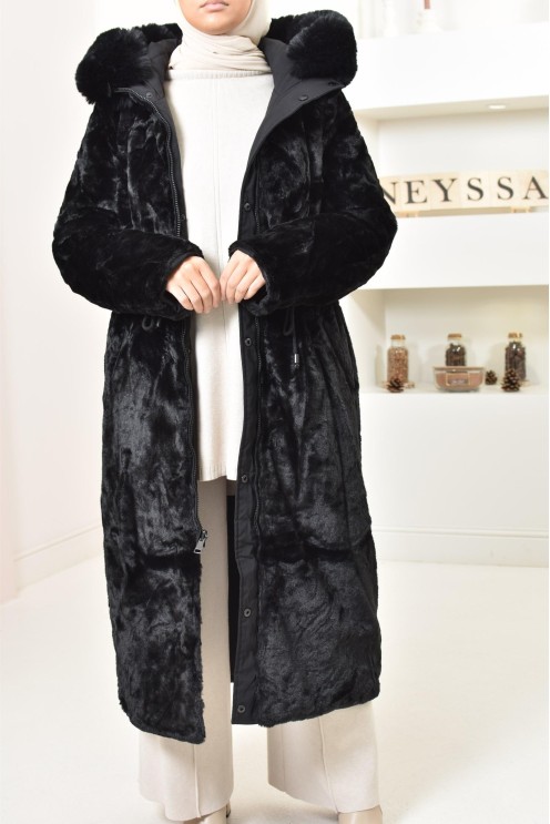 Longue parka réversible avec fourrure, manteau 2 en 1 pour l'hiver