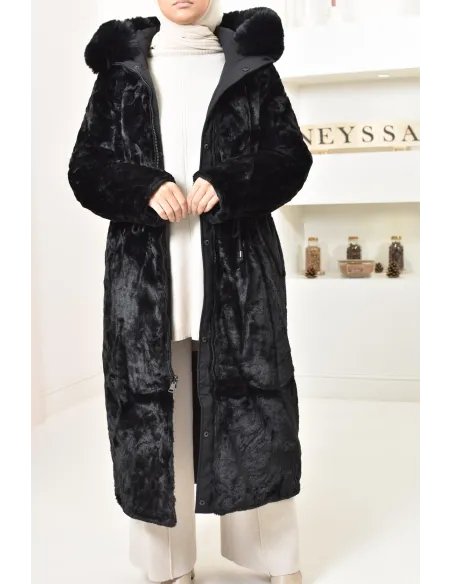 Long reversible parka with fur, 2-in-1 winter coat