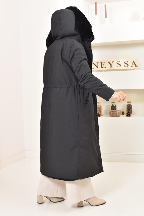 Longue parka réversible avec fourrure, manteau 2 en 1 pour l'hiver