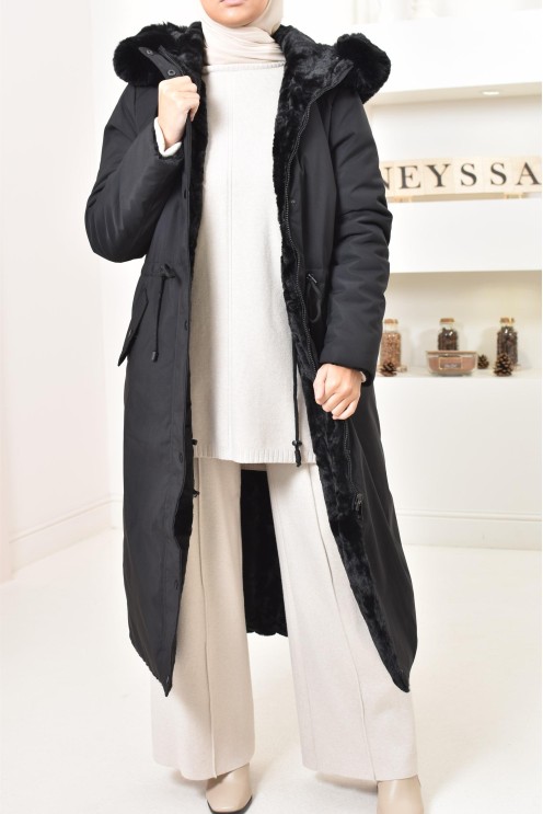 Longue parka réversible avec fourrure, manteau 2 en 1 pour l'hiver