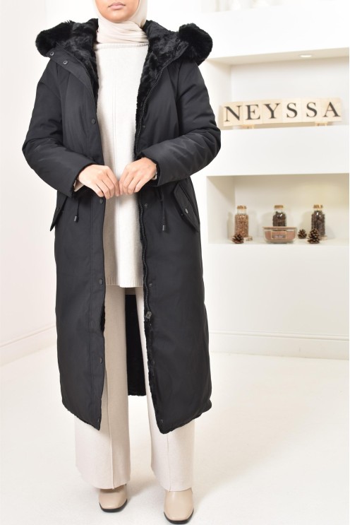 Longue parka réversible avec fourrure, manteau 2 en 1 pour l'hiver