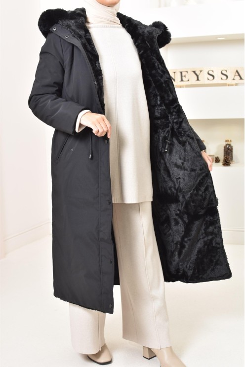 Longue parka réversible avec fourrure, manteau 2 en 1 pour l'hiver