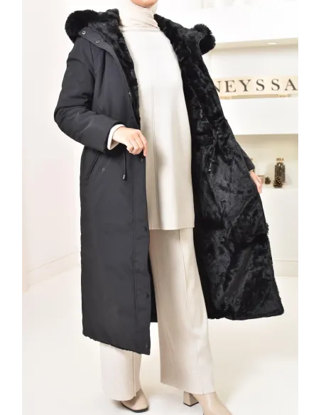 Longue parka réversible avec fourrure, manteau 2 en 1 pour l'hiver