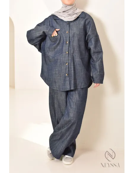 zweiteiliges Damen-Set aus Stoff mit Jeans-Effekt, Hemd mit Hose