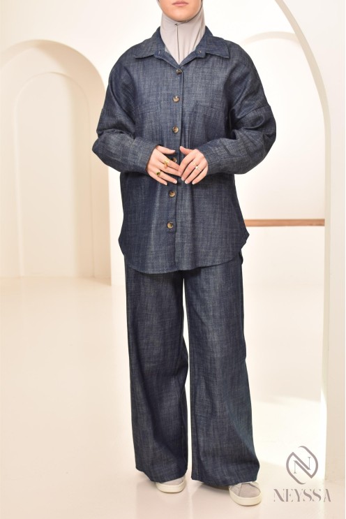 ensemble femme 2 pièces tissu effet jean, chemise avec pantalon